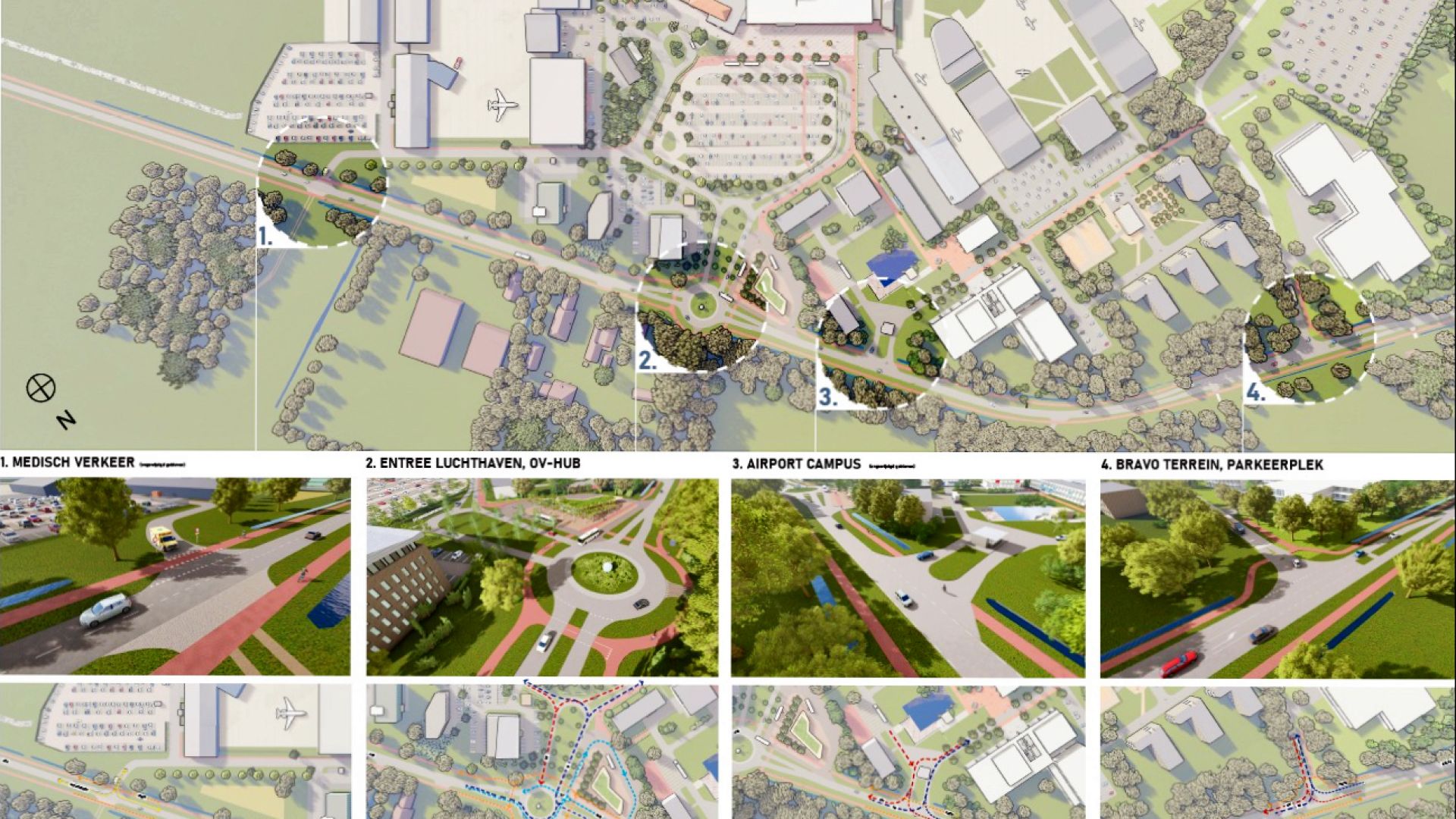 Luchtfoto met architecturale plannen en schematische weergaven van een terreinontwikkeling.