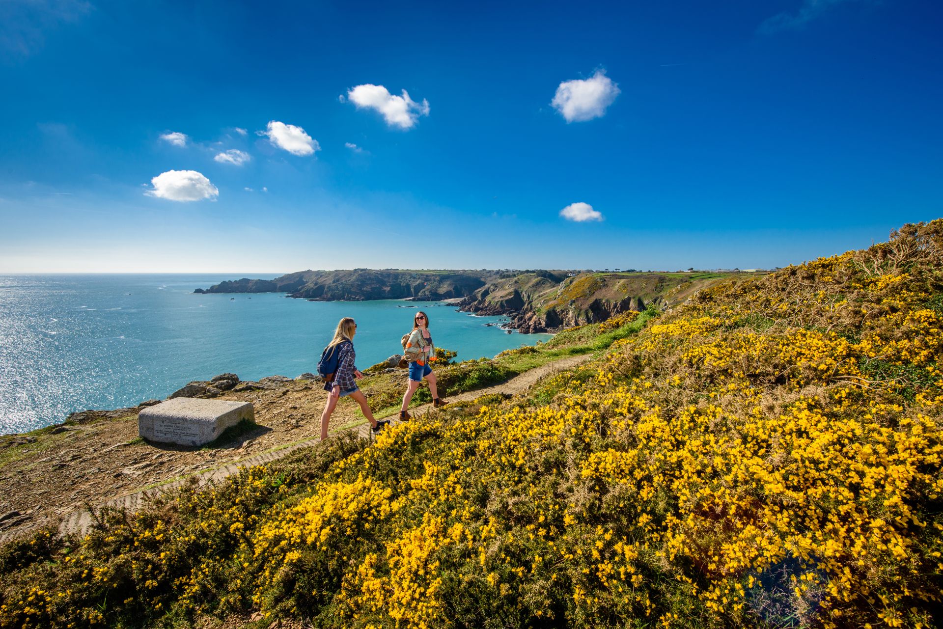Twee wandelaars op een rotsachtig pad langs een kust met bloemen en blauwe lucht.